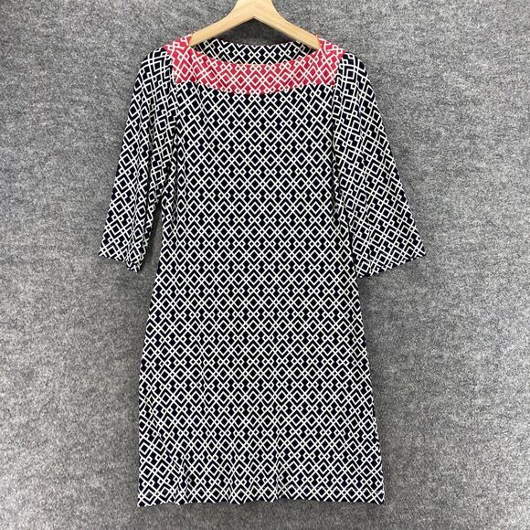 Donna Morgan Dress Women 4P Petite Black Geometric Shift Midi 3/4 Sleeve Casual - Picture 3 of 9